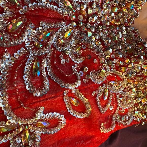 Mac Duggal Red and Gold Strapless Prom Dress - Picture 8 of 16